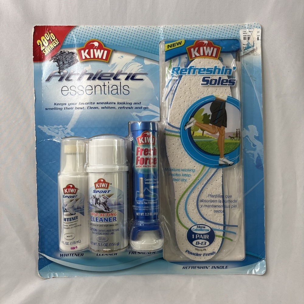 Kiwi Athletics Essentials Shoe Sports Kit Whitener Cleaner Freshener Soles NEW